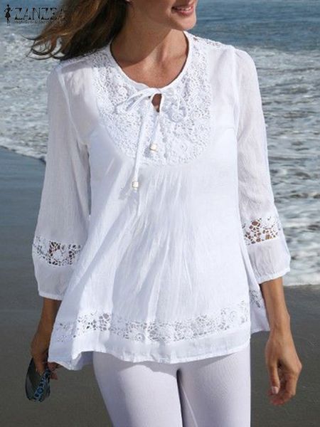 

women's blouses shirts bohemian stylish casual oversized work ol blusa zanzea women spring lace patchwork blouse femme 3/4 sleeve lace-, White