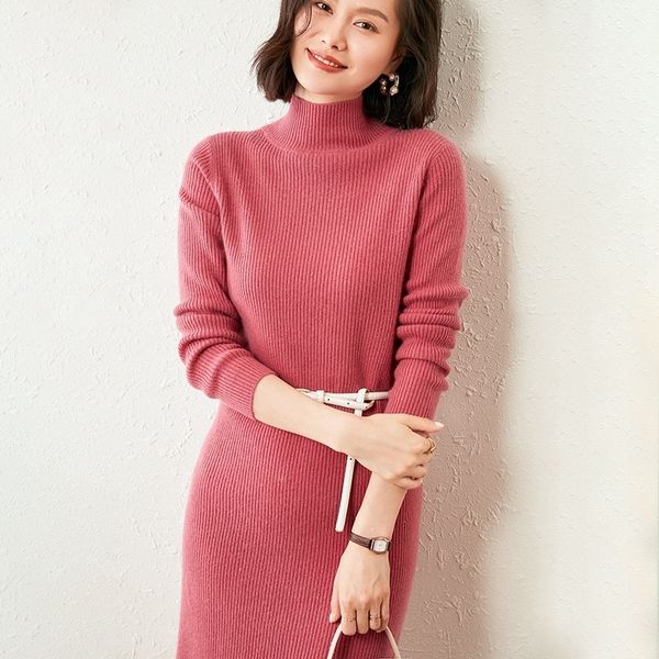 

casual dresses 100% goat cashmere knitted dress women 5colors plus longer high-neck female jumpers winter soft warm ladies dress 230329, Black;gray