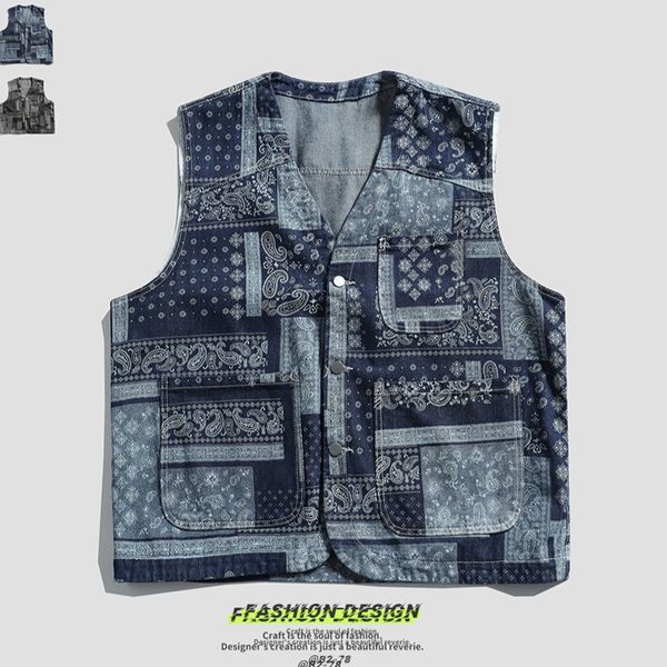 

men's vests printed denim tank autumn fashion sleeveless jacket hip hop retro baggy pocket vest 230329, Black;white