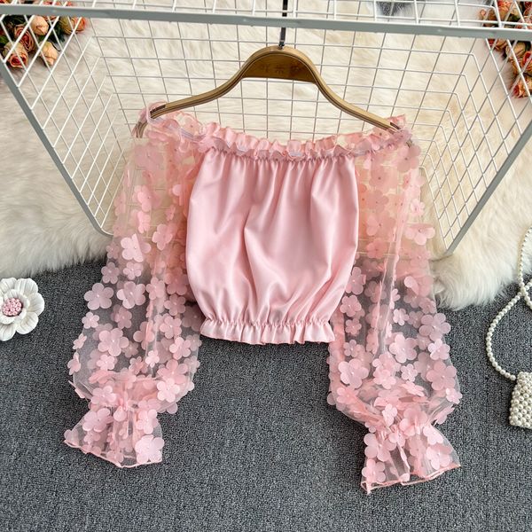 

women's blouses shirts french chic blouses for women vintage 3d floral puff long sleeve slash neck femme crop shirts solid color woman, White