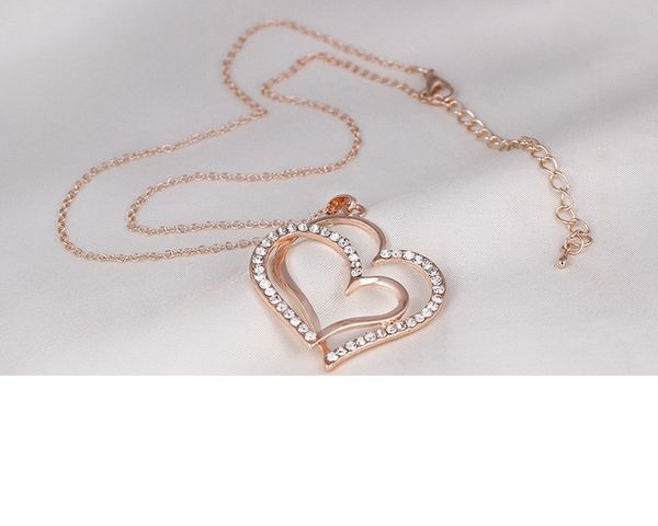 

12sets double-deck peach heart shape pendant necklace inlaid zircon rhinestone twinkle decorate adjeustable length plating white k rose gold, Silver