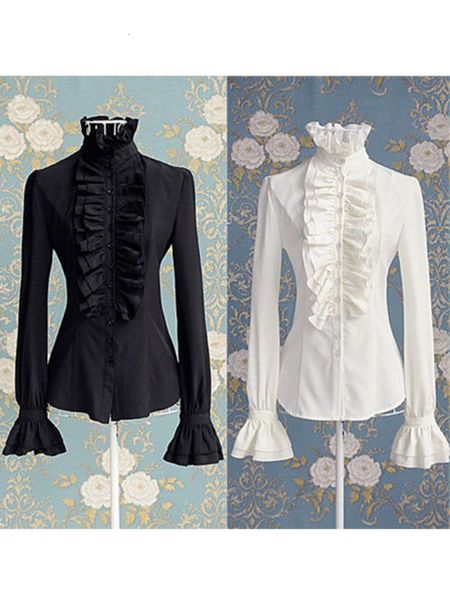 

women's blouses shirts fashion victorian womens ruffles long sleeve frill solid color ol office shirt frilly cuffs high neck blouse au, White