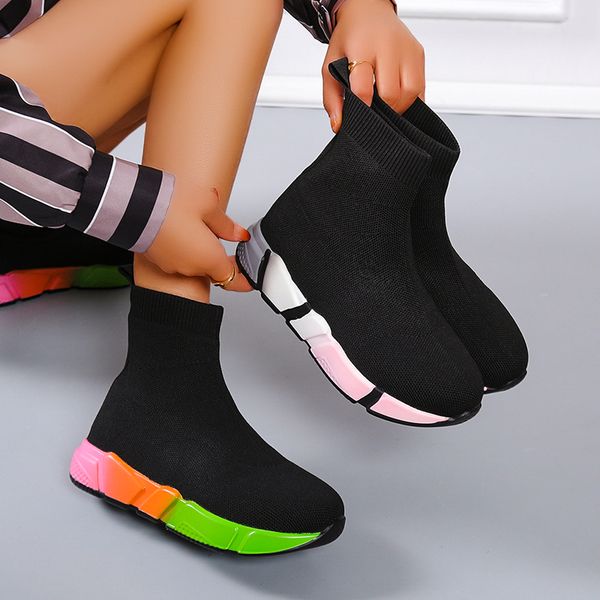 

dress shoes brand socks breathable highwomen flats fashion sneakers stretch fabric casual slipon ladies 230328, Black