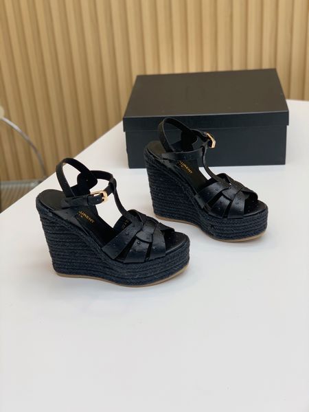 

women shoes leather tribute sandals paris platform espadrille wedge buckle strap original box genuine real leather t-strap sandal 34-42 fash, Black