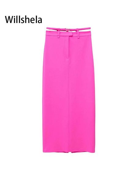

dresses willshela women fashion with belt solid front zipper back slit midi skirt vintage high waist female chic lady skirts, White;black
