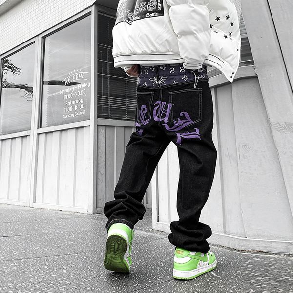 

mens jeans waist cashew print letter pactchwork ripped jeans pants mens streetwear straight washed retro oversized casual denim trousers 230, Blue