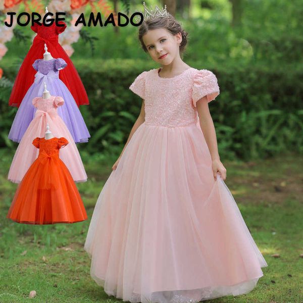 

girl's dresses new summer kid girl party dress red purple pink orange round collar short puff sleeves bow princess perform clothing e35, Red;yellow