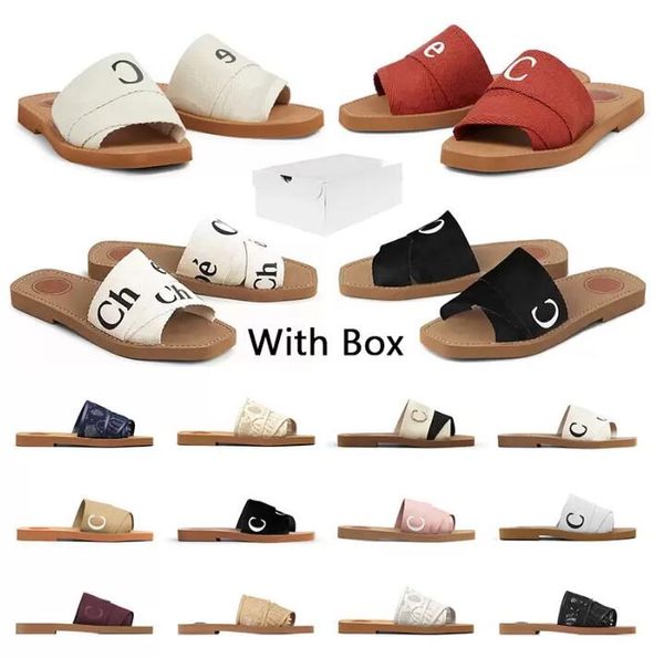 

with box slipper fashion flat sandales designer women femmes luxe slippers woody mules canvas sandal slides summer woman sandals flip flop s, Black