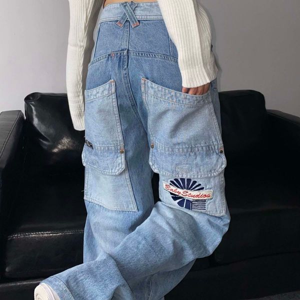 

women's jeans american retro print jean's y2k street hiphop straight wideleg pants casual high waist slim mopping 230329, Blue