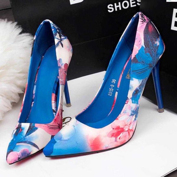 

sandals high heels 10cm women pumps colorful ladies floral printing shallow slip on pointed toe office shoes female wedding shoe footwer 230, Black