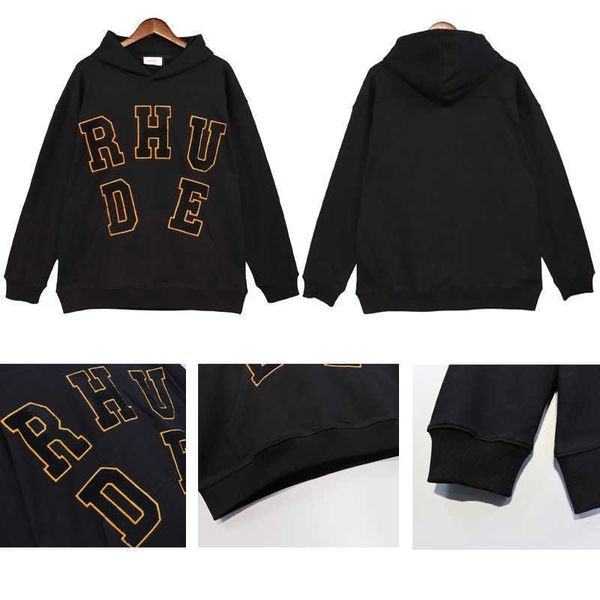

high edition american fashion brand street rhude hip hop letter towel embroidered hooded sweater men's and women's hoodies, Black