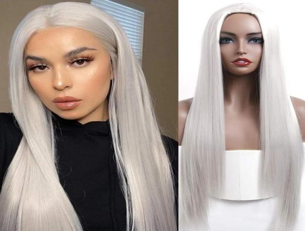 

long silky straight wig white hair synthetic no lace women girls costume middle part heat resistant cosplay party daily use natura3421446, Black
