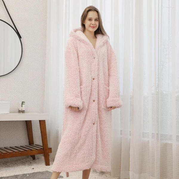 

men's sleepwear robe big winter size loose men women hooded buttons thick and soft flannel bathrobe male plush warm dressing gown xxxl, Black;brown