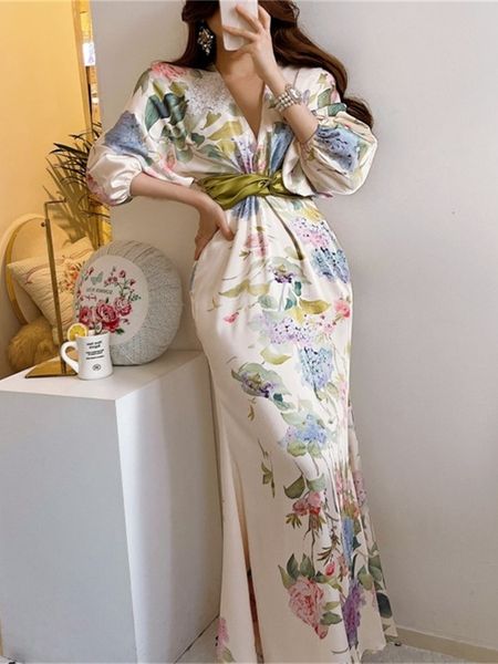 

casual dresses spring japan style elegant floral midi dress women vintage chic bodycon party birthday vestidos female fashion one pieces rob, Black;gray