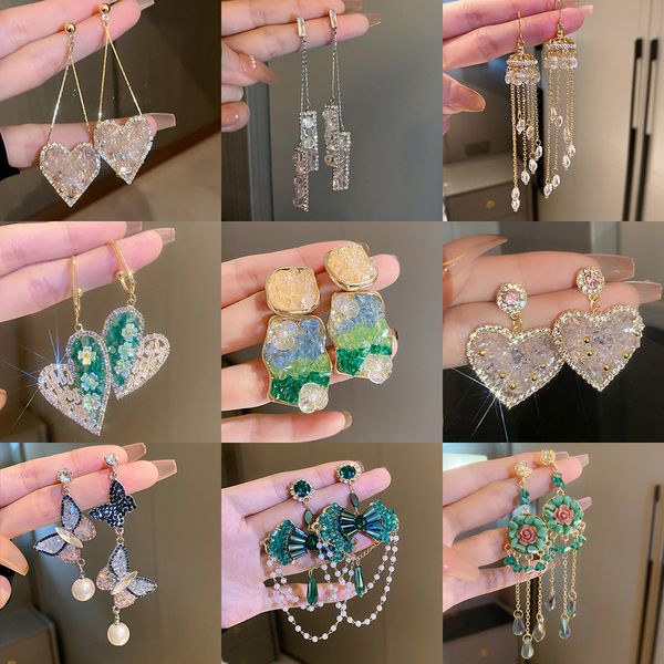 

silver needle stud zircon rhinestone pearl crystal flower earrings with exaggerated design in europe and the united states tassels jewelry, Golden;silver
