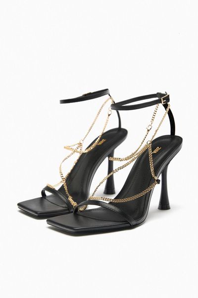 

sandals summer black chain detail decorated leather high heel fine square head open toe one strap s 230329