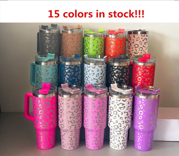 

40oz leopard tumbler with handle and straw reusable insulated coffee cup stainless steel travel tumbler big capacity water bottle cup