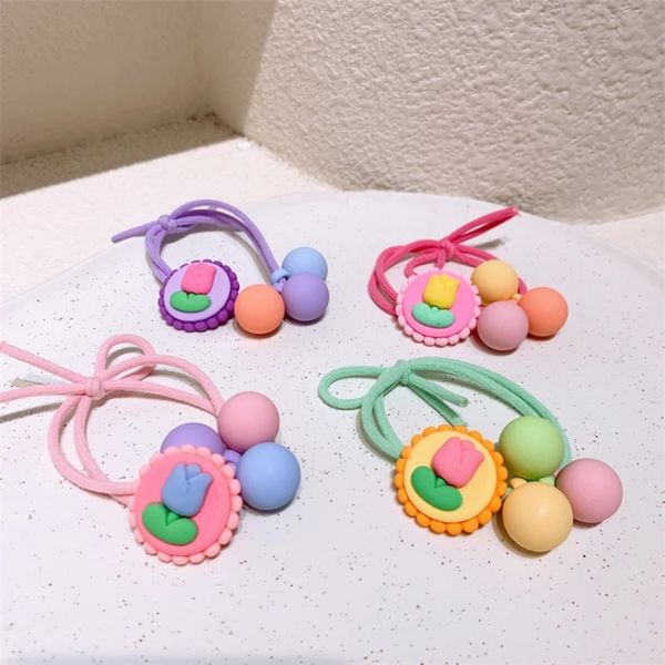 

new fashion children's ponytail hair accessories korea sweet girl cute colorful tulip flower beads rubber band hair rope, Slivery;white