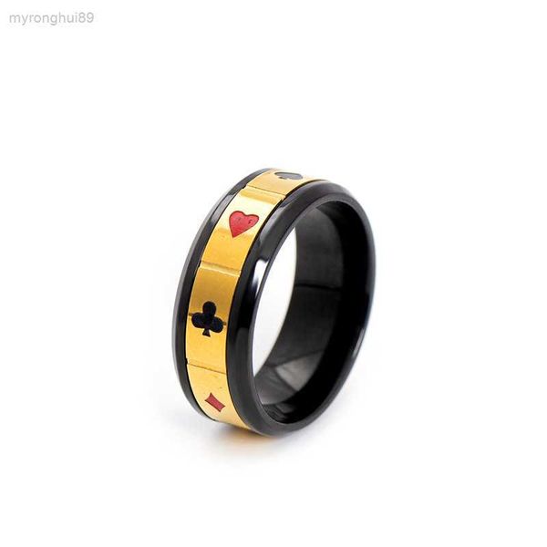 

rotatable playing card ring black red flower piece men's fashion personality titanium steel sn0v, Silver