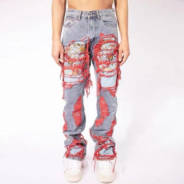 

men's jeans high street hip hop destroy brushed embroidered baggy casual straight leg denim pants man women 230329, Blue