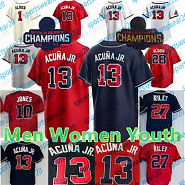 

2023 custom 13 ronald acuna jr. jersey 27 austin riley matt olson harris ii spencer strider deion sanders 1 ozzie albies jones eddie rosario, Blue;black