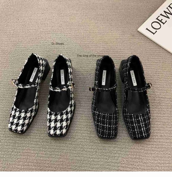 

spring 2023 new small fragrant thick heel square toe single shoes women's middle heel thousand bird check with shallow mouth mary jane, Black
