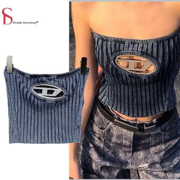 

womens tanks camis blue d word summer inner hollow metal retro knit tube crop230329, White