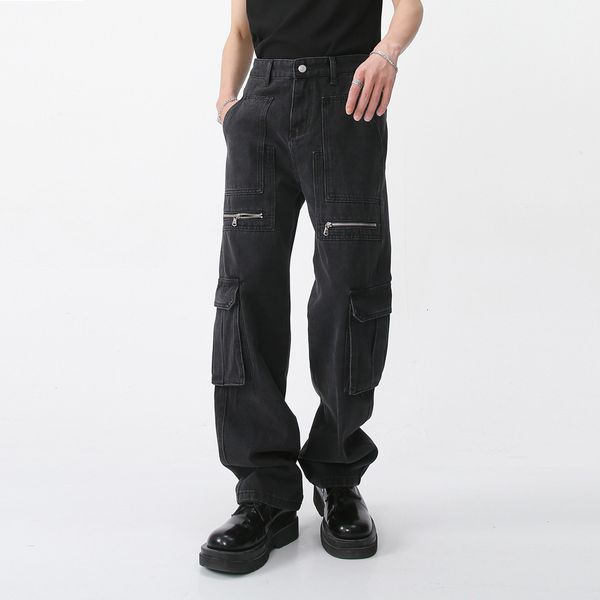 

men's jeans men casual denim trousers big pockets zipper cargo jeans pants male streetwear fashion hip hop black jeans pants 230329, Blue