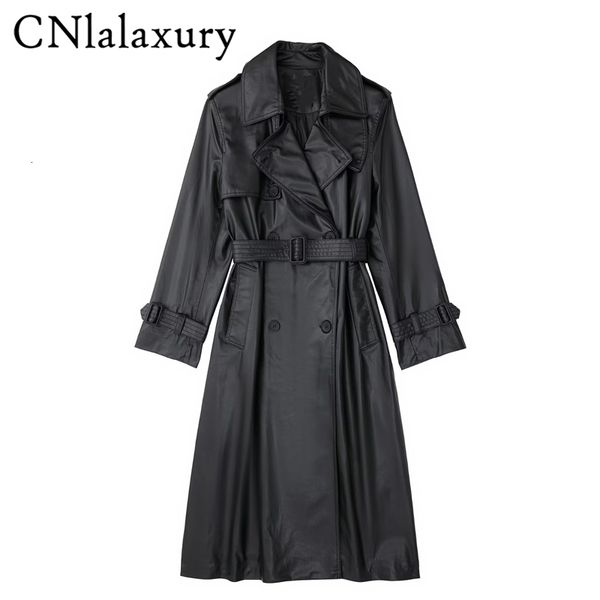

women's trench coats cnlalaxury autumn woman casual black faux leather doublebreasted long sleeves midlengthtrench pocket belt 230329, Tan;black