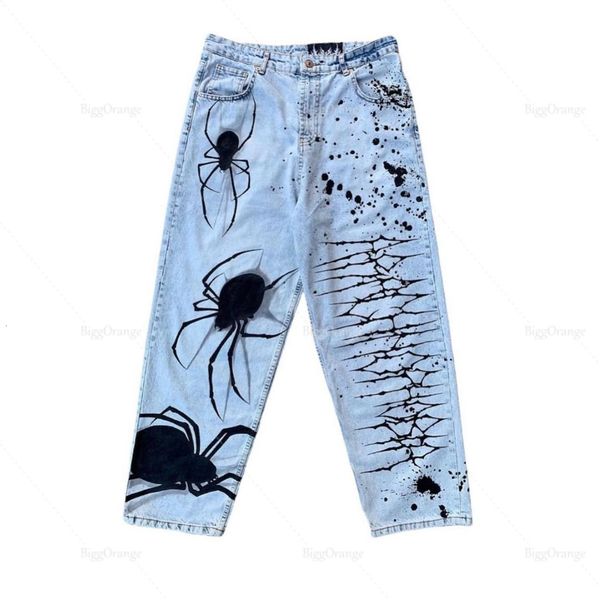 

mens jeans high street loose straight wide leg pants american spider print casual denim trousers and womens 230329, Blue