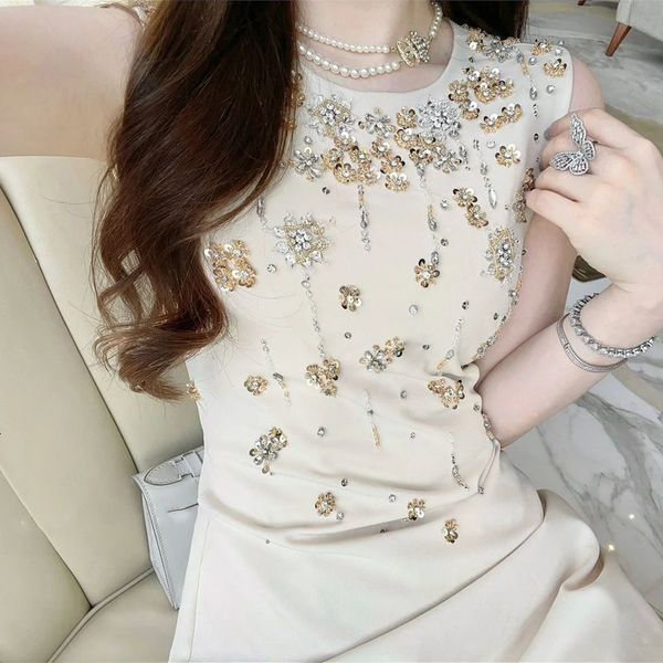 

casual dresses vintage women diamonds beaded dress summer waist thin crystal ol a-line vest dress vestidos mini dress 230329, Black;gray