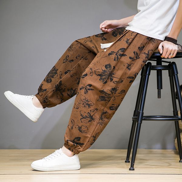 

men's pants chinese style man spring summer thin breathable cotton linen harem printed casual loose 230329, Black
