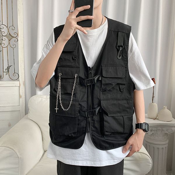 

men's vests casual fashion techwear streetwear punk cargo chain mult practical pockets male jackets sleeveless clothing 230329, Black;white