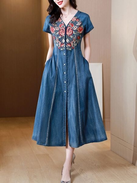 

casual dresses tiyihailey women long mid-calf short sleeve denim summer dress -2xl embroidery v-neck single breasted 230329, Black;gray