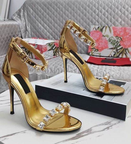 

summer brand polished sandals shoes women rhinestones studs patent leather gold silver black high heels party dress wedding lady walking eu3