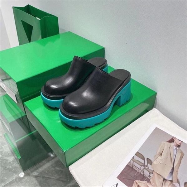 

designer sandals slides designers heels sandal chunky non-slip wear-resistant heel half drag loafers colorful soles round head pu woman shoe, Black