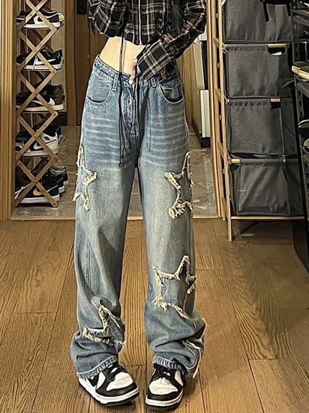 

women's jeans y2k vintage women korean streetwear oversized star aesthetic straight trousers wide leg grunge hip hop denim pants clothe, Blue