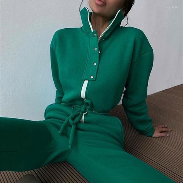 

women's two piece pants tracksuits casual stand collar jumpsuits women autumn winter zipper one long sleeve outfit solid loose drawstri, White