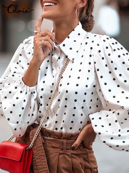

women's blouses shirts celmia fashion tunics women's white shirt summer polka dot elegant shirt button loose long lantern sleeve p