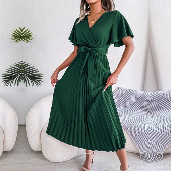 

casual dresses ficusrong solid color pleated maxi long dress women spring summer cross v-neck chic dress 230329, Black;gray
