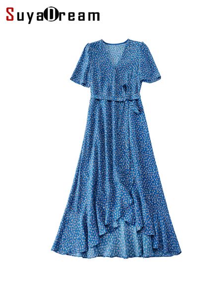 

casual dresses suyadream woman floral long dress 100%real silk v neck a-line sashes beach style blue maxi dresses summer holiday clothes 230, Black;gray