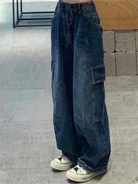 

men's jeans vintage dark blue jean cargo loosed denim pant high waisted straight wide leg pants 2023 summer y2k streetwear clothings 23