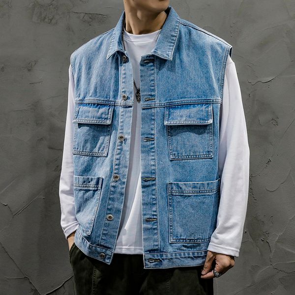 

men's vests mens denim vest jackets sleeveless jean coat autumn loose casual cargo male clothing outerwear blue streetwear 230329, Black;white