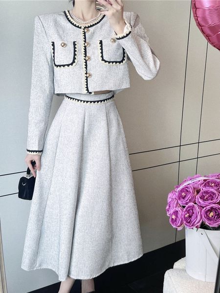 

two piece dress small fragrance two piece set women puff sleeve shirt crop pleated long skirt suits fall winter french vintage 2 piece set 2, White