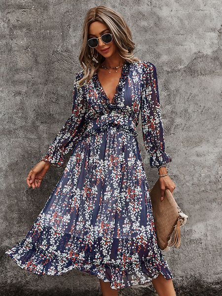 

casual dresses msfilia v neck floral dress ladies butterfly sleeve high waist casual print dresses for women summer chiffon dress 230328, Black;gray