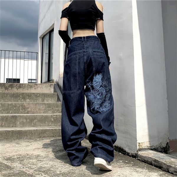 

women's jeans american street hip hop dragon embroidery vintage high waist loose straight wide leg jeans women y2k harajuku wild jeans, Blue