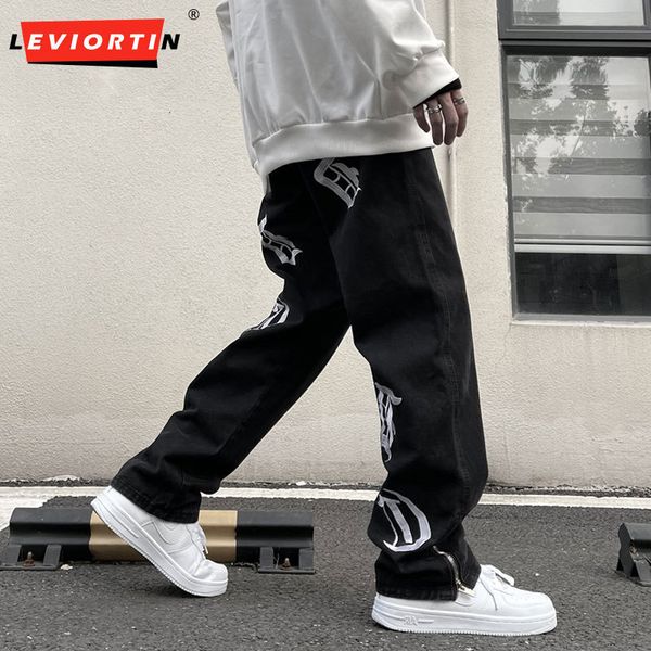 

mens jeans letter embroidered trousers men high street vibe style loose straight tube side zip hems american styles denim pants y2k 230329, Blue