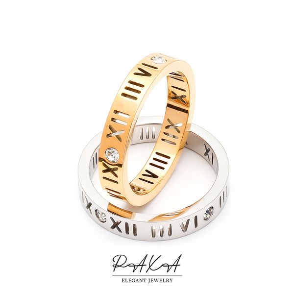 

luxury roman numerals stainless steel rings for women men fashion elegant cubic zirconia couple wedding party jewelry gifts, Golden;silver