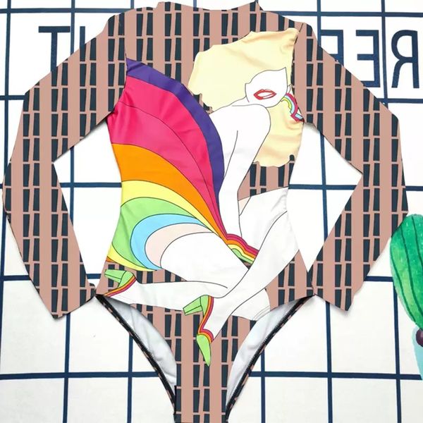 

long sleeves designers lady swimsuit textile elastic waist bodysuit ins fashion printed jumpsuit for women