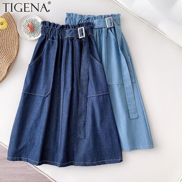 

dresses tigena midi denim skirt women 2021 spring summer safari style big pocket belt a line knee length high waist jeans skirt female, Black;gray